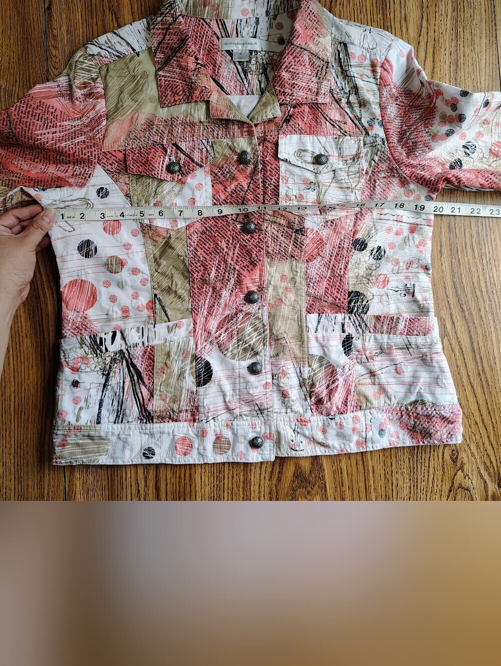 Christopher Banks abstract print button-front denim jacket Coral Cream sz M. - Picture 7 of 11